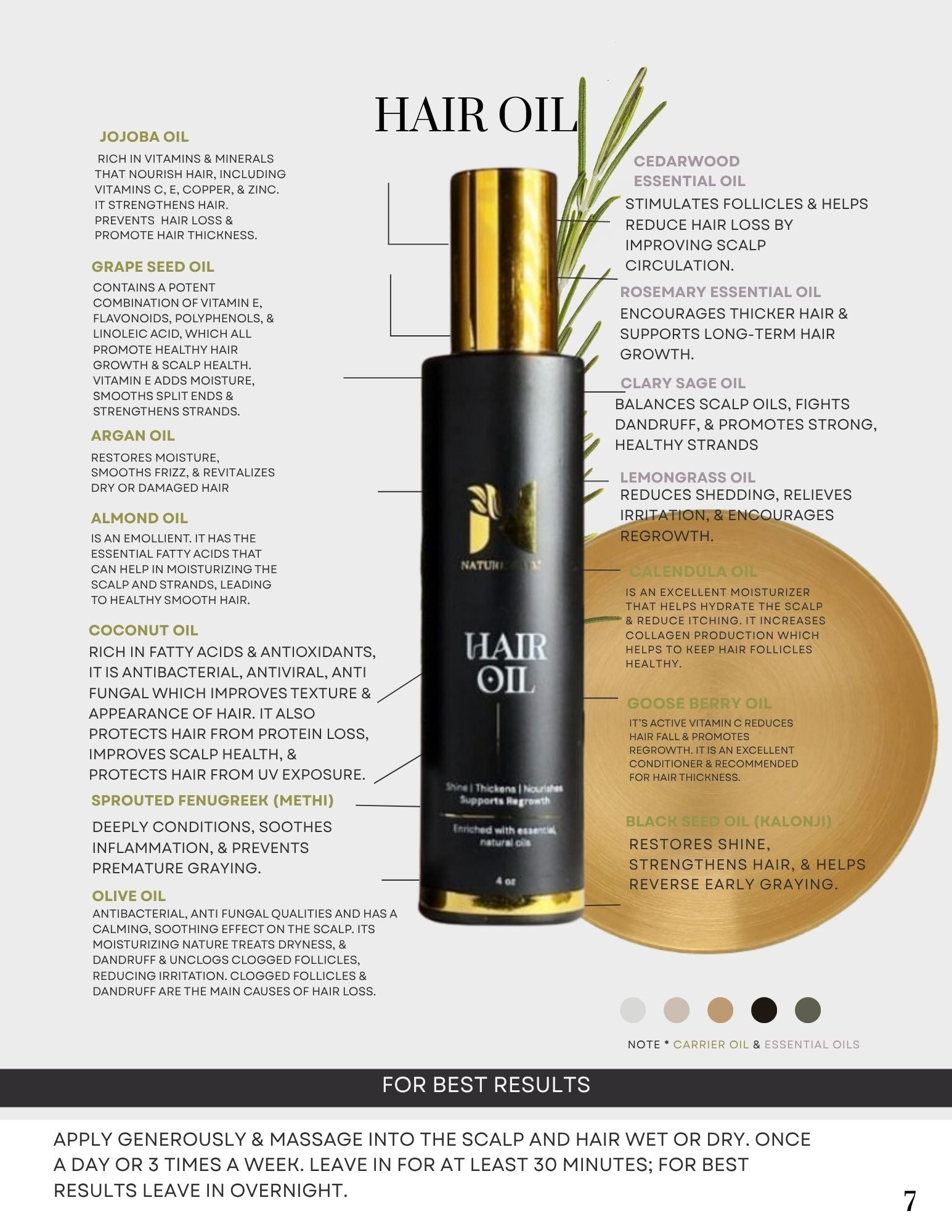 A product information page for Hair Oil, detailing ingredients, benefits, and application instructions. The page features a central graphic of a golden hair oil bottle with a bamboo sprig, flanked by columns of text listing various oils like jojoba, coconut, and argan, and detailing their benefits.